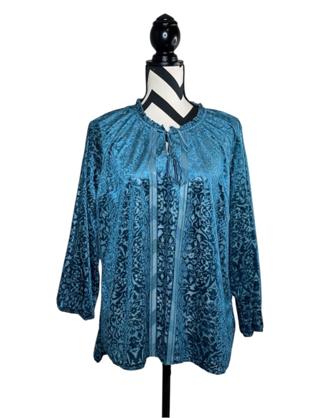 Vintage Sz L Whimsigoth Velvet Teal Sheer Paisley Print Long-Sleeve Blouse